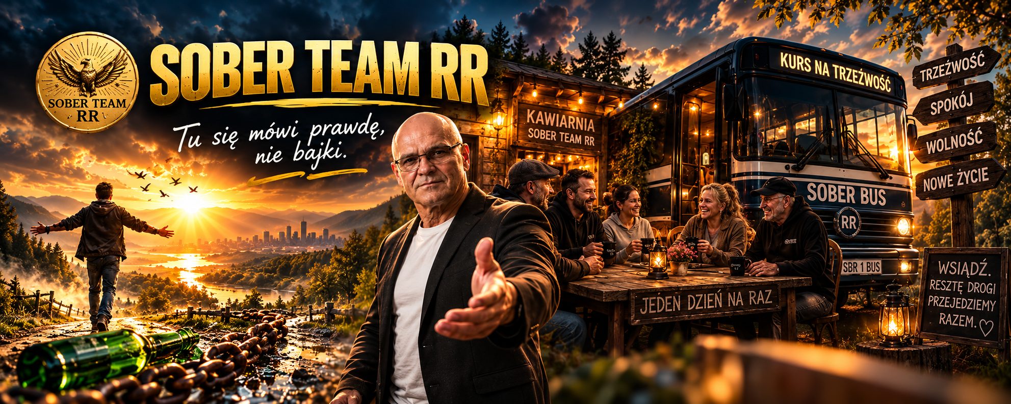 Sober Team RR zaprasza do wspólnej drogi ku trzeźwości. Na banerze Robert, grupa przy kawie i autobus Sober Bus.